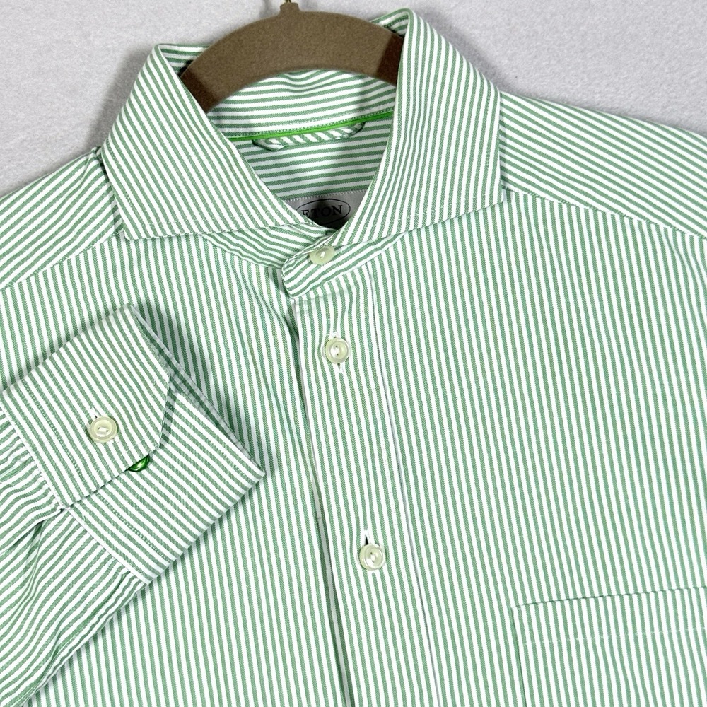 Eton Shirt Mens 38 Green White Striped Slim Fit Button Up Long Sleeve Dress